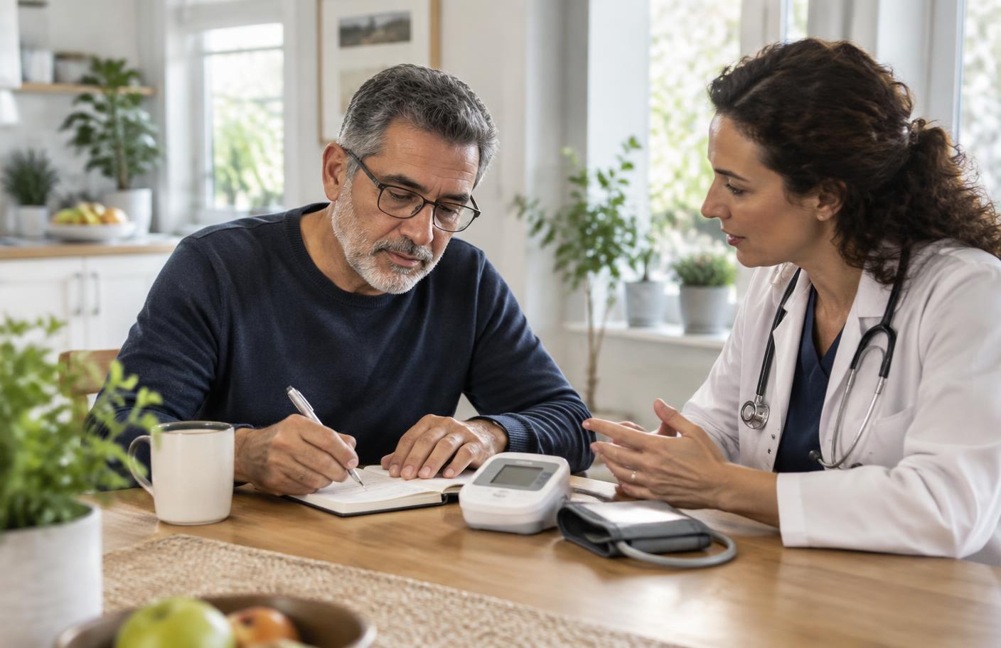 Una persona revisa sus registros de salud con una profesional