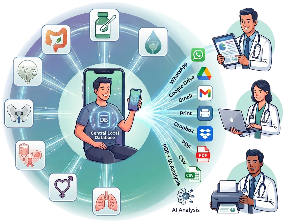 The PAC-SALUT modules (urology, bowel, Kegel, sexual health, respiratory, oncology, medication and vital signs) feed a local database on the phone. From there, the person can create a PDF or CSV, print it, email it or share it through the app of their choice, including an AI assistant, and pass it on to their health professionals.
