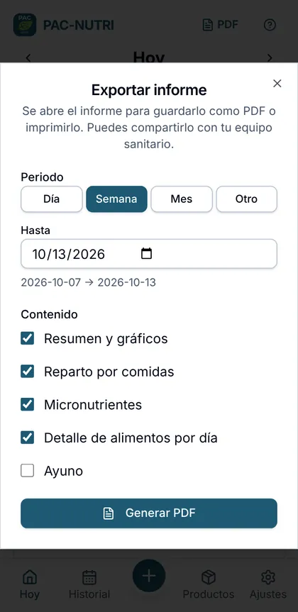 Menú de exportación