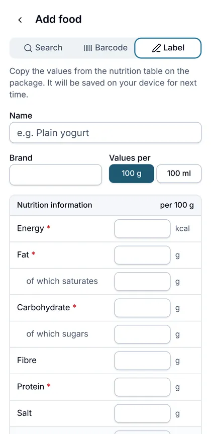 Nutrition label form