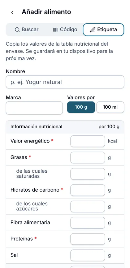 Formulario de la etiqueta nutricional