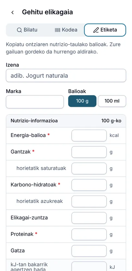 Nutrizio-etiketaren formularioa