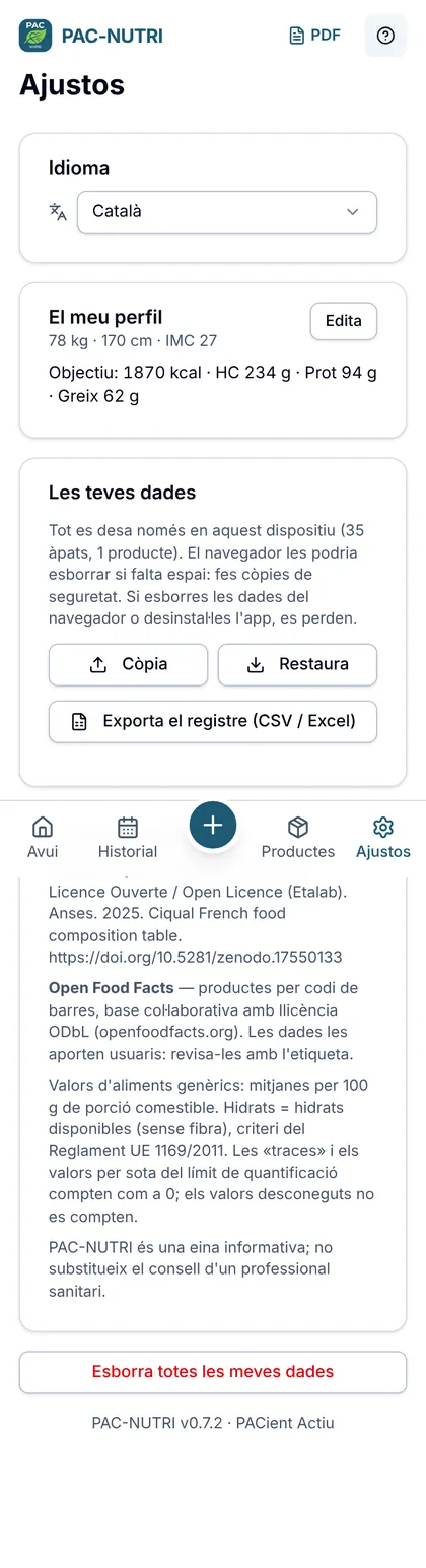 Ajustos: idioma, perfil i dades