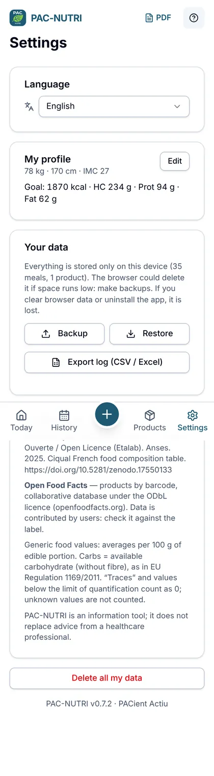 Settings: language, profile and data