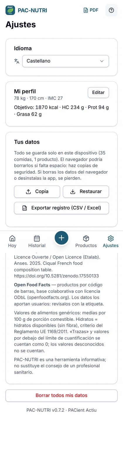 Ajustes: idioma, perfil y datos