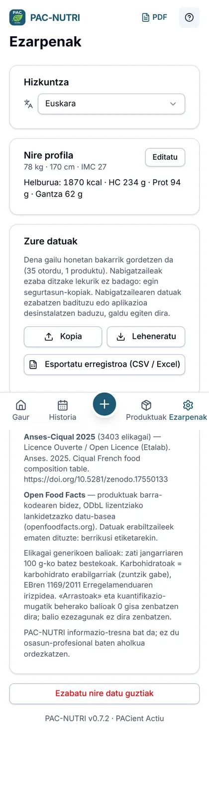 Ezarpenak: hizkuntza, profila eta datuak